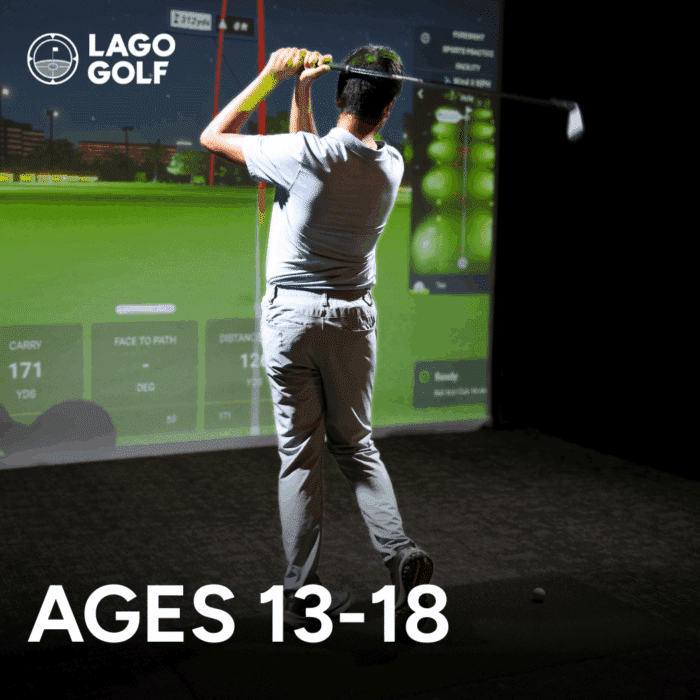 Teen (ages 13–18) working on their golf swing during an indoor golf lesson in a private bay at Lago Golf in Port Coquitlam