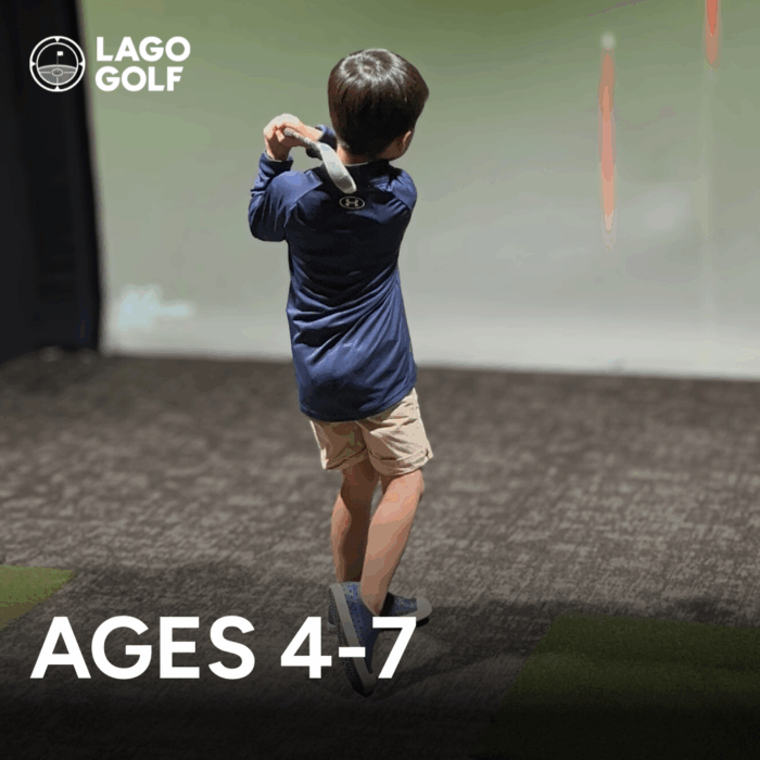 4–7 year old junior golfer hitting a shot in Lago Golf’s Foresight indoor golf simulator