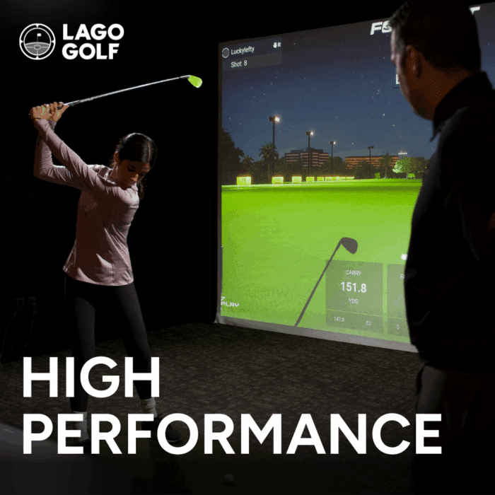 High-performance junior golfer receiving coaching in a Foresight GC Falcon golf simulator at Lago Golf