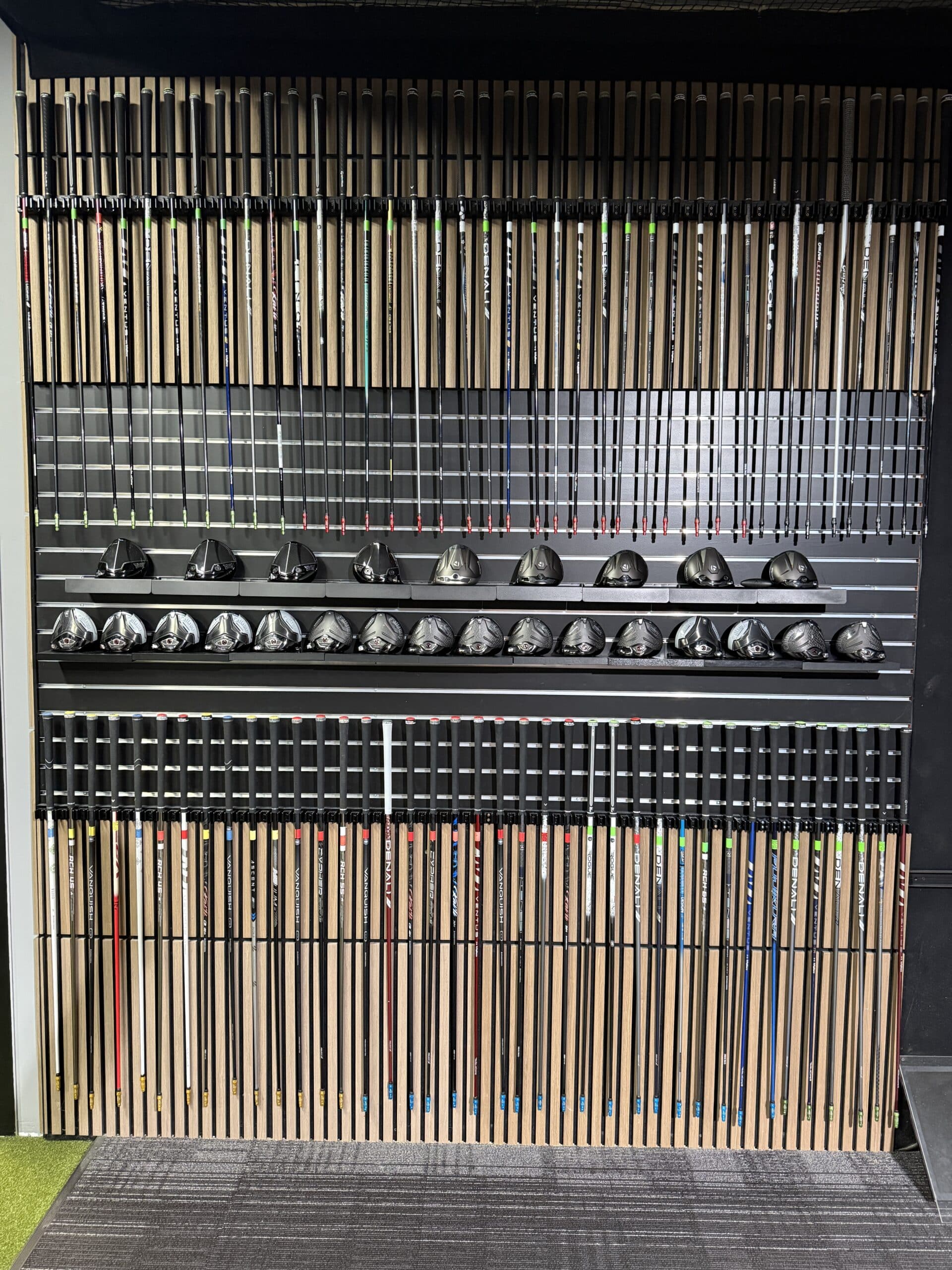 Custom driver fitting at Lago Golf in Port Coquitlam featuring a large selection of premium shaft options and driver head options.