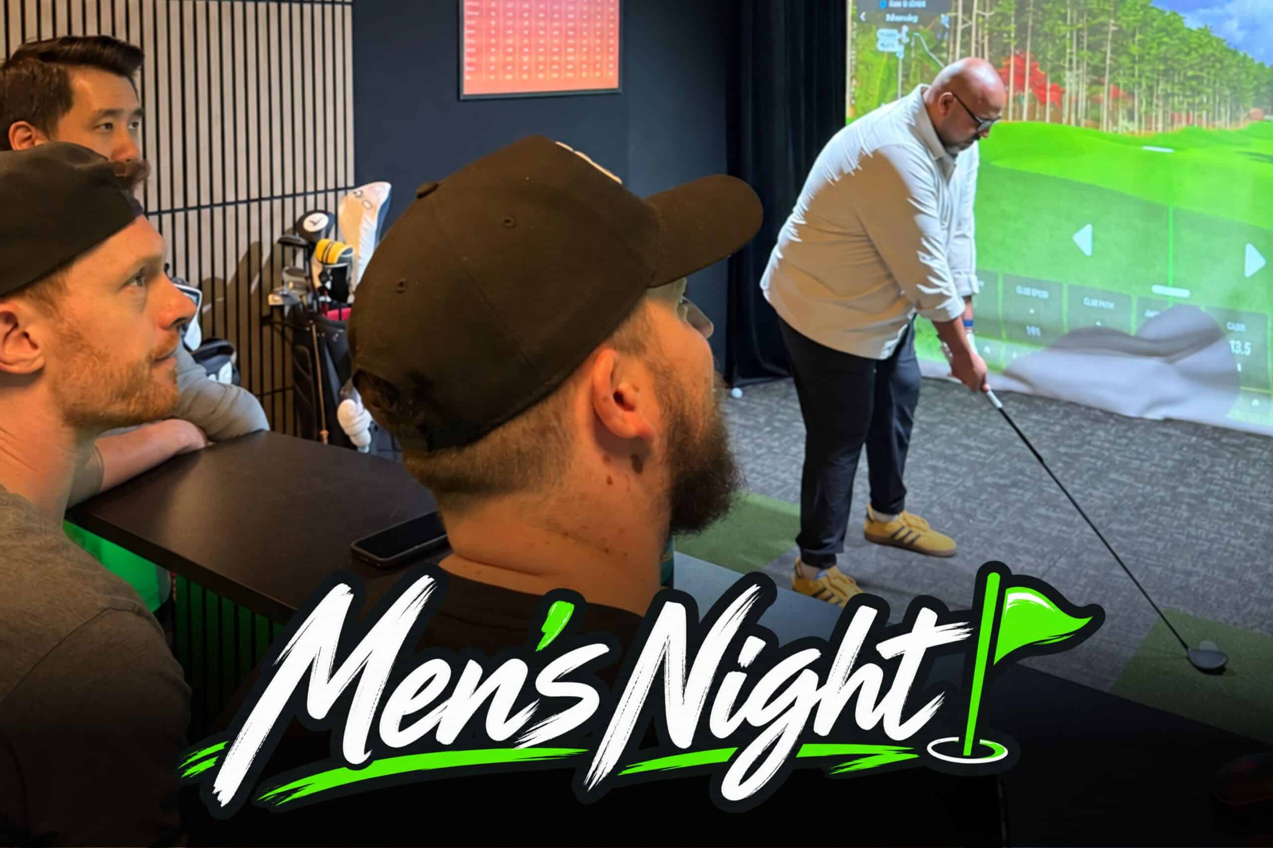 Golfer teeing off during Lago Golf Men's Night indoor simulator event in Port Coquitlam, BC