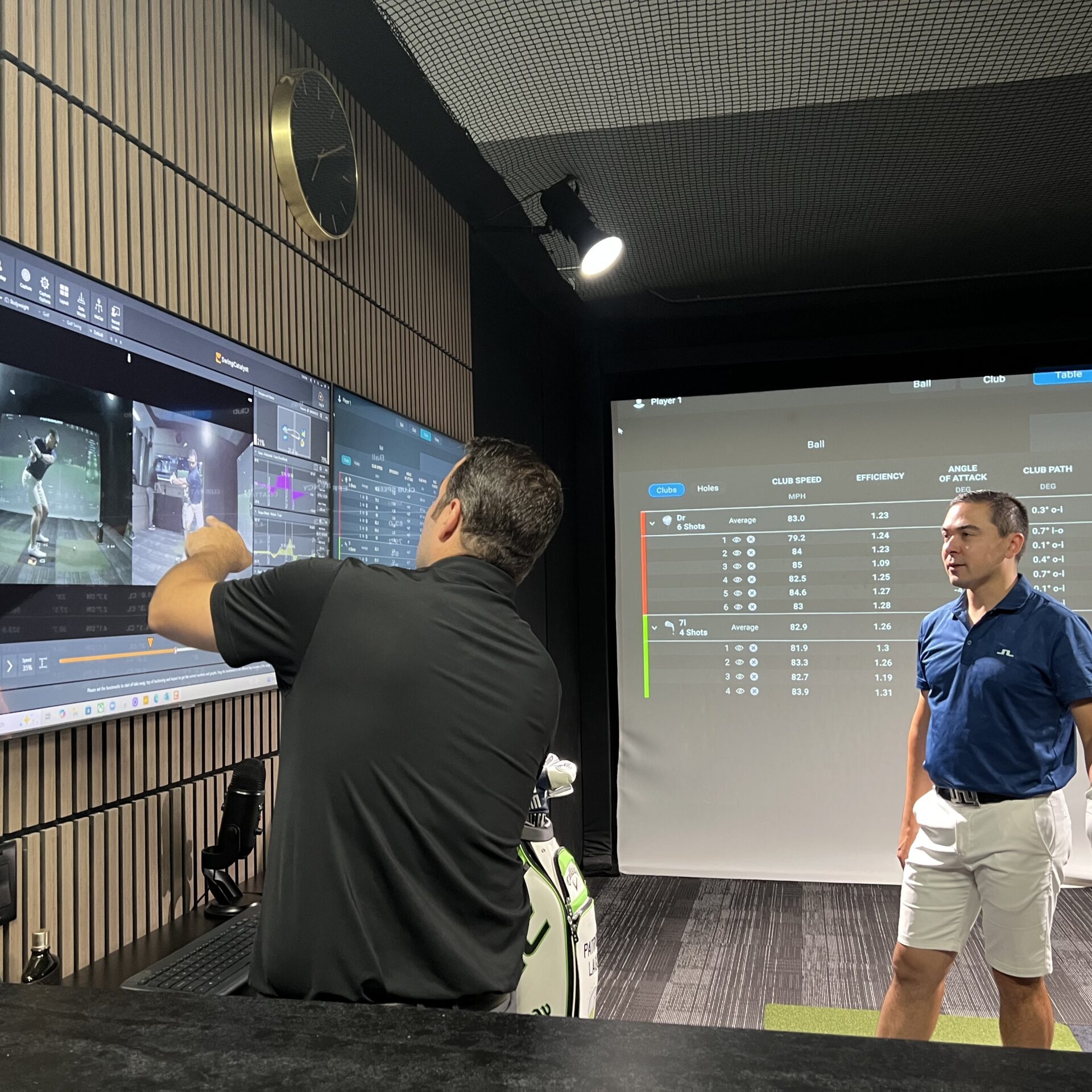 Lago Golf coach reviewing swing data with a golfer during a Full Swing Analysis session